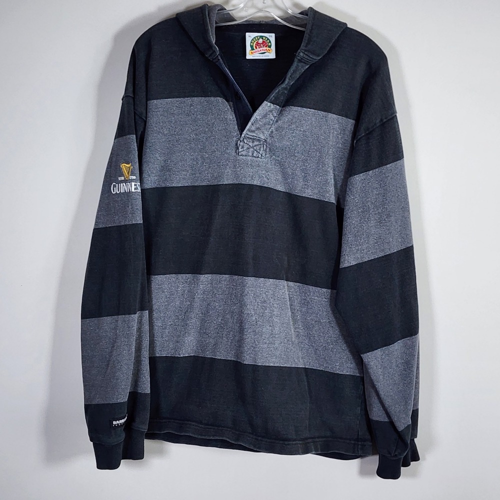 Guinness Rugby Shirt Hoodie Mens XL Gray Black Striped Pullover Beer Vintage